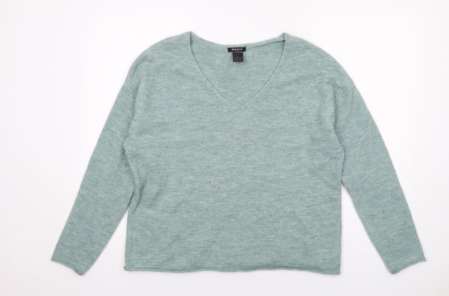 Maglia Womens Green V-Neck Acrylic Pullover Jumper Size XL