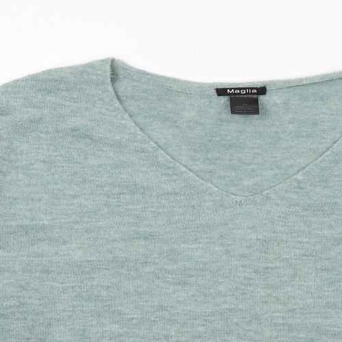 Maglia Womens Green V-Neck Acrylic Pullover Jumper Size XL