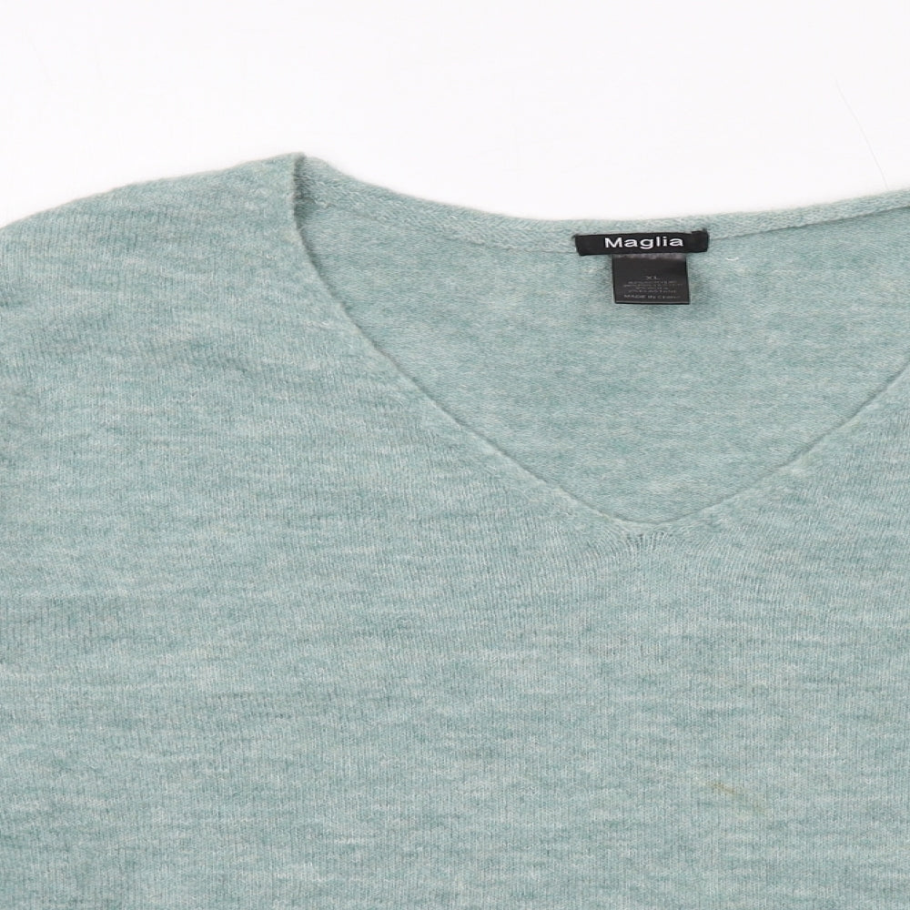 Maglia Womens Green V-Neck Acrylic Pullover Jumper Size XL