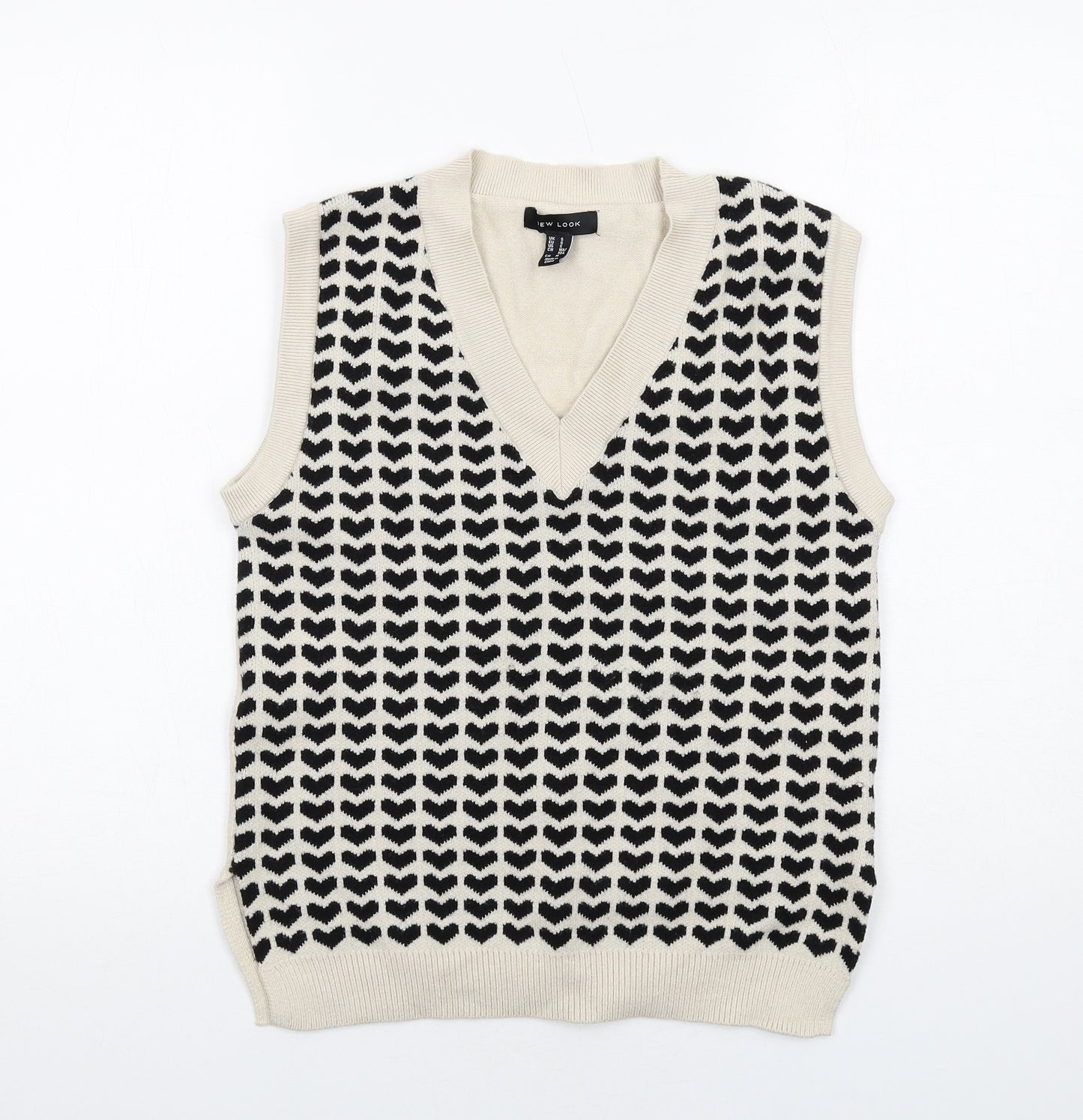 New Look Womens Beige V-Neck Geometric Viscose Vest Jumper Size S - Heart Pattern