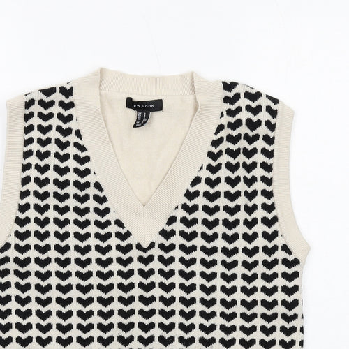 New Look Womens Beige V-Neck Geometric Viscose Vest Jumper Size S - Heart Pattern