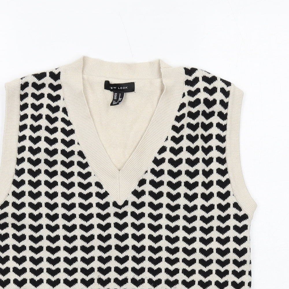 New Look Womens Beige V-Neck Geometric Viscose Vest Jumper Size S - Heart Pattern