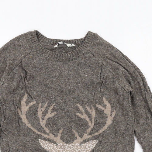 Fat Face Womens Brown Round Neck Cotton Pullover Jumper Size 8 - Reindeer Christmas