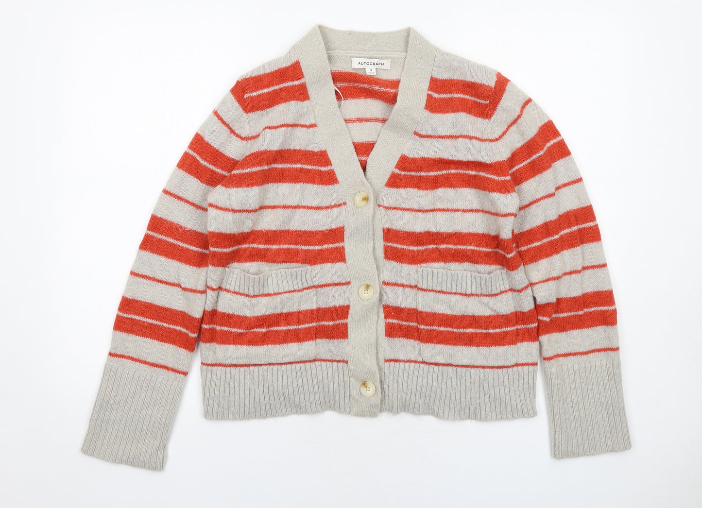 Autograph Womens Beige V-Neck Striped Acrylic Cardigan Jumper Size 12
