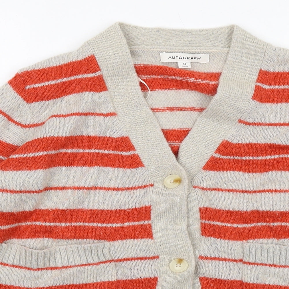 Autograph Womens Beige V-Neck Striped Acrylic Cardigan Jumper Size 12