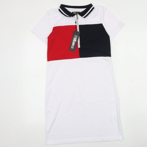 Pink Vanilla Womens White Colourblock Polyester T-Shirt Dress Size S Collared Zip