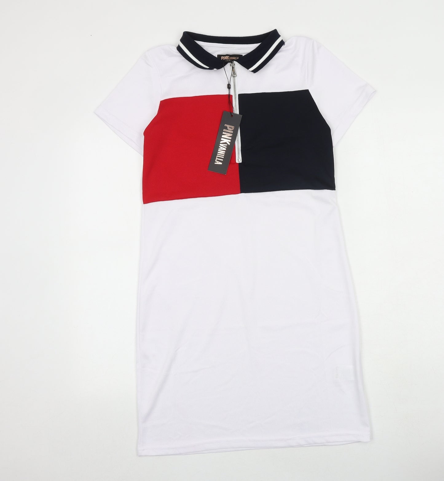 Pink Vanilla Womens White Colourblock Polyester T-Shirt Dress Size S Collared Zip