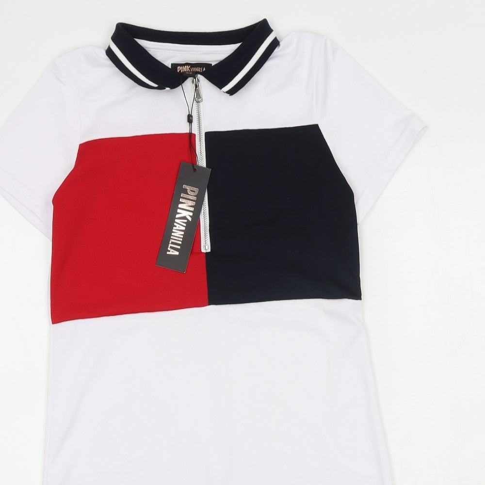 Pink Vanilla Womens White Colourblock Polyester T-Shirt Dress Size S Collared Zip