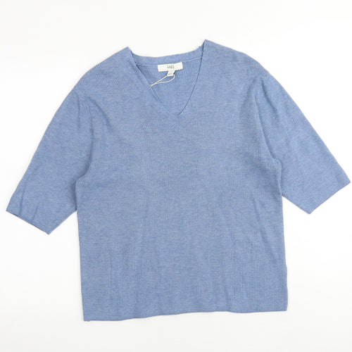 Marks and Spencer Womens Blue V-Neck Viscose Pullover Jumper Size XL