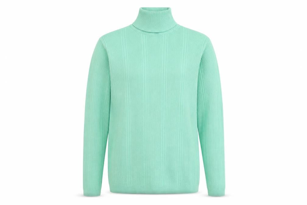 Front view of Marks & Spencer women’s green roll neck viscose jumper, size UK 8