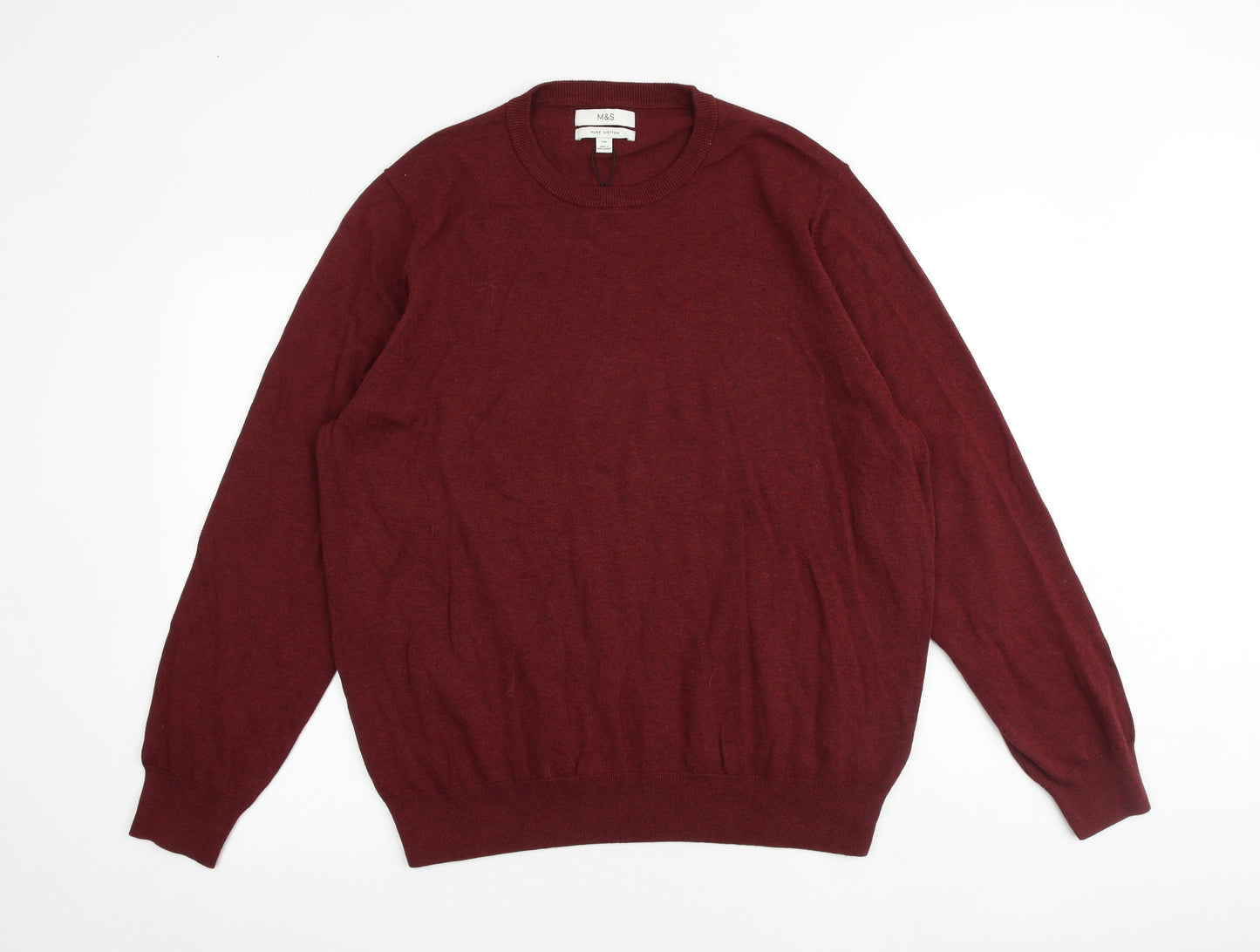 Marks and Spencer Mens Red Round Neck Cotton Pullover Jumper Size 2XL Long Sleeve