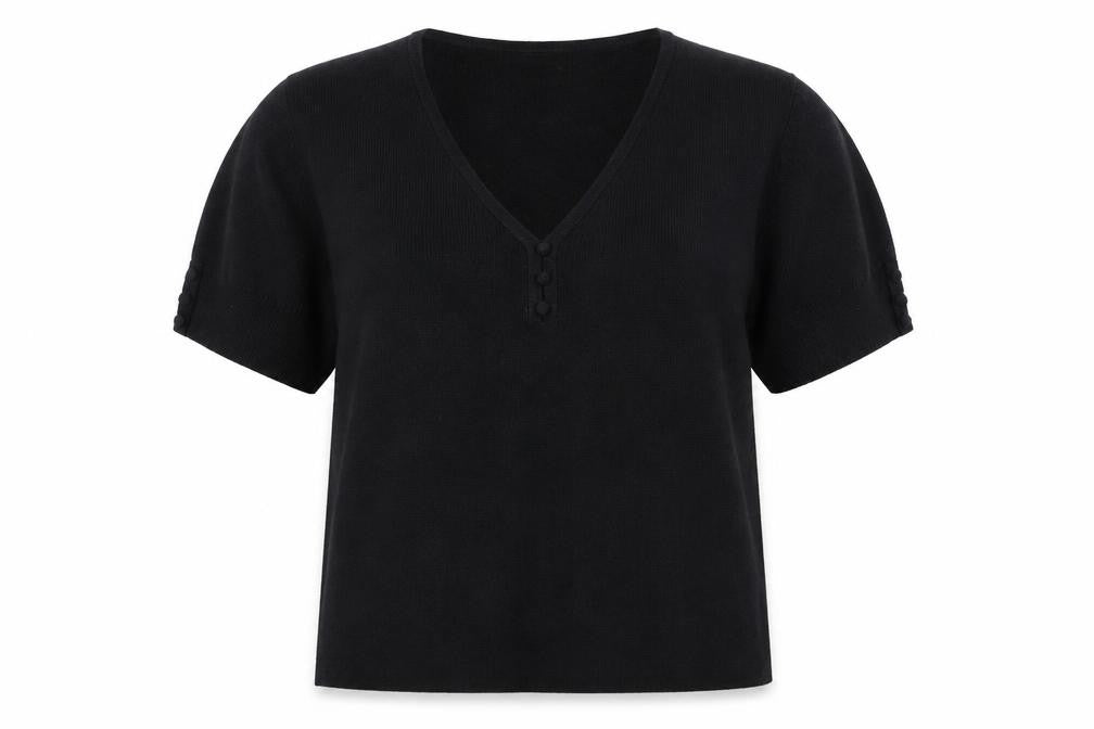 Front view of Country Casuals women’s black v-neck viscose jumper, size M