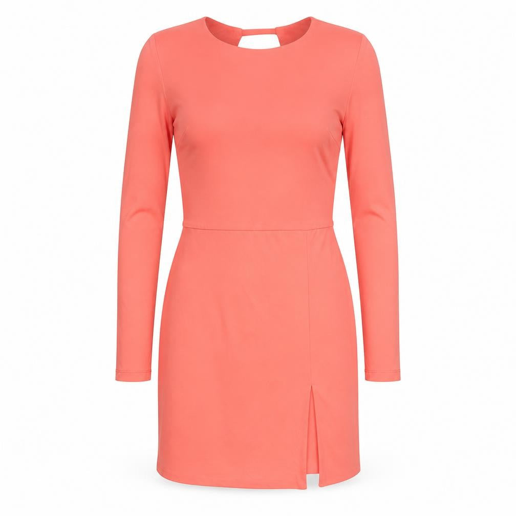 Front view of Topshop women’s pink polyester mini, size UK 8, boat neck pullover - cut out back detail