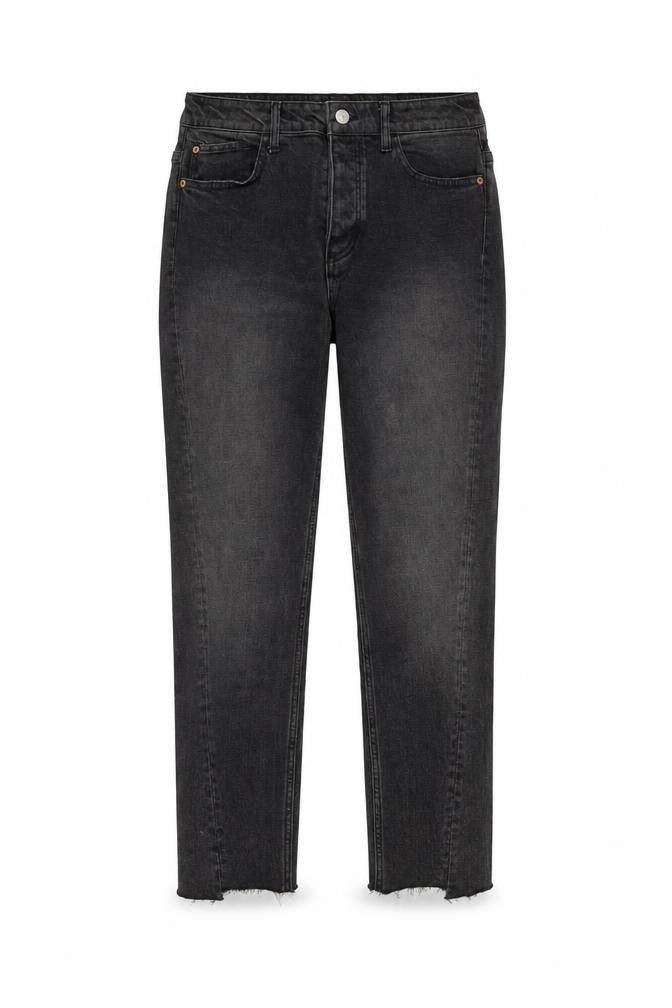 Front view of H&M women’s grey cotton straight jeans, size UK 12, regular button - raw hem