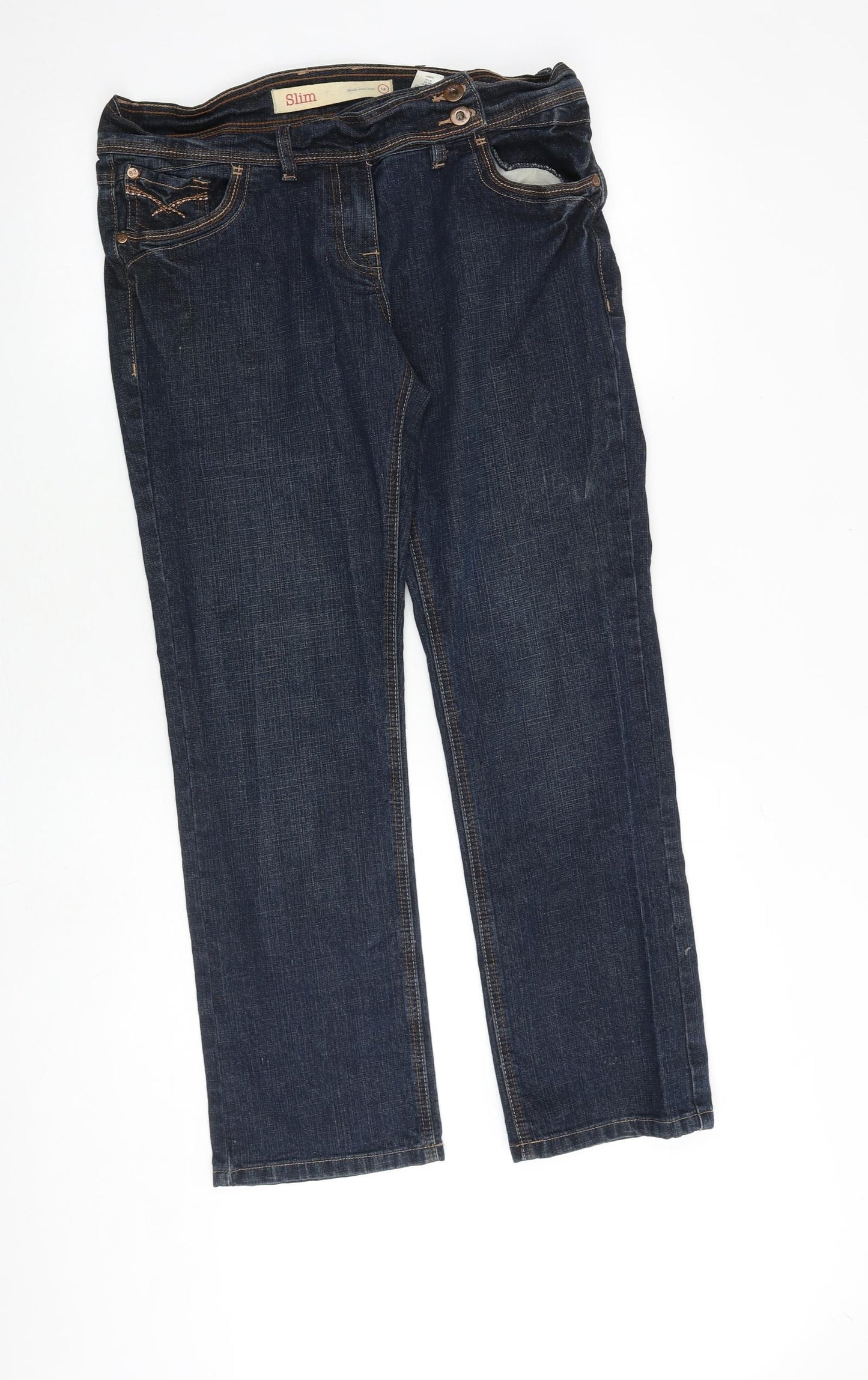 NEXT Womens Blue Cotton Straight Jeans Size 14 Slim Zip
