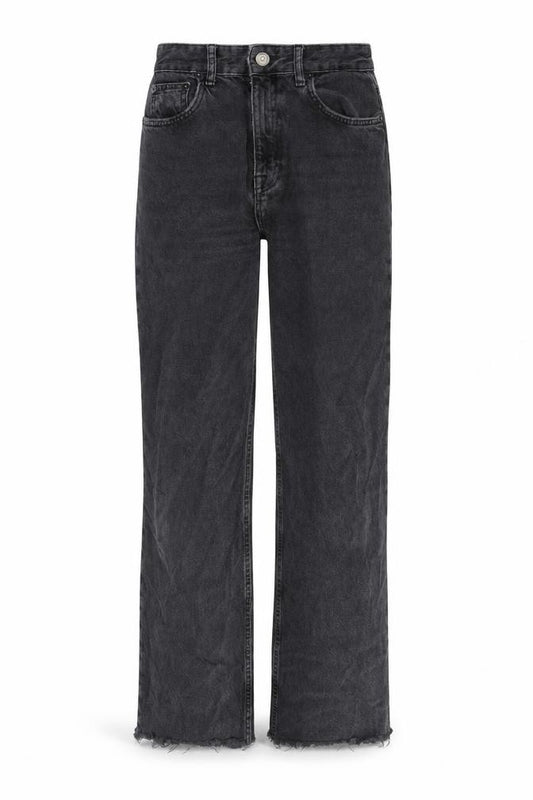 Front view of Pull&Bear women’s grey cotton bootcut jeans, size UK 8, regular zip - frayed hem