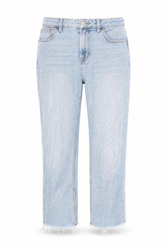 Front view of Topshop women’s blue cotton straight jeans, size UK 30, in regular zip - frayed hem