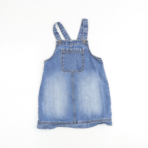 F&F Girls Blue 100% Cotton Pinafore/Dungaree Dress Size 5-6 Years Square Neck Button