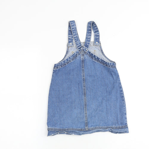 F&F Girls Blue 100% Cotton Pinafore/Dungaree Dress Size 5-6 Years Square Neck Button