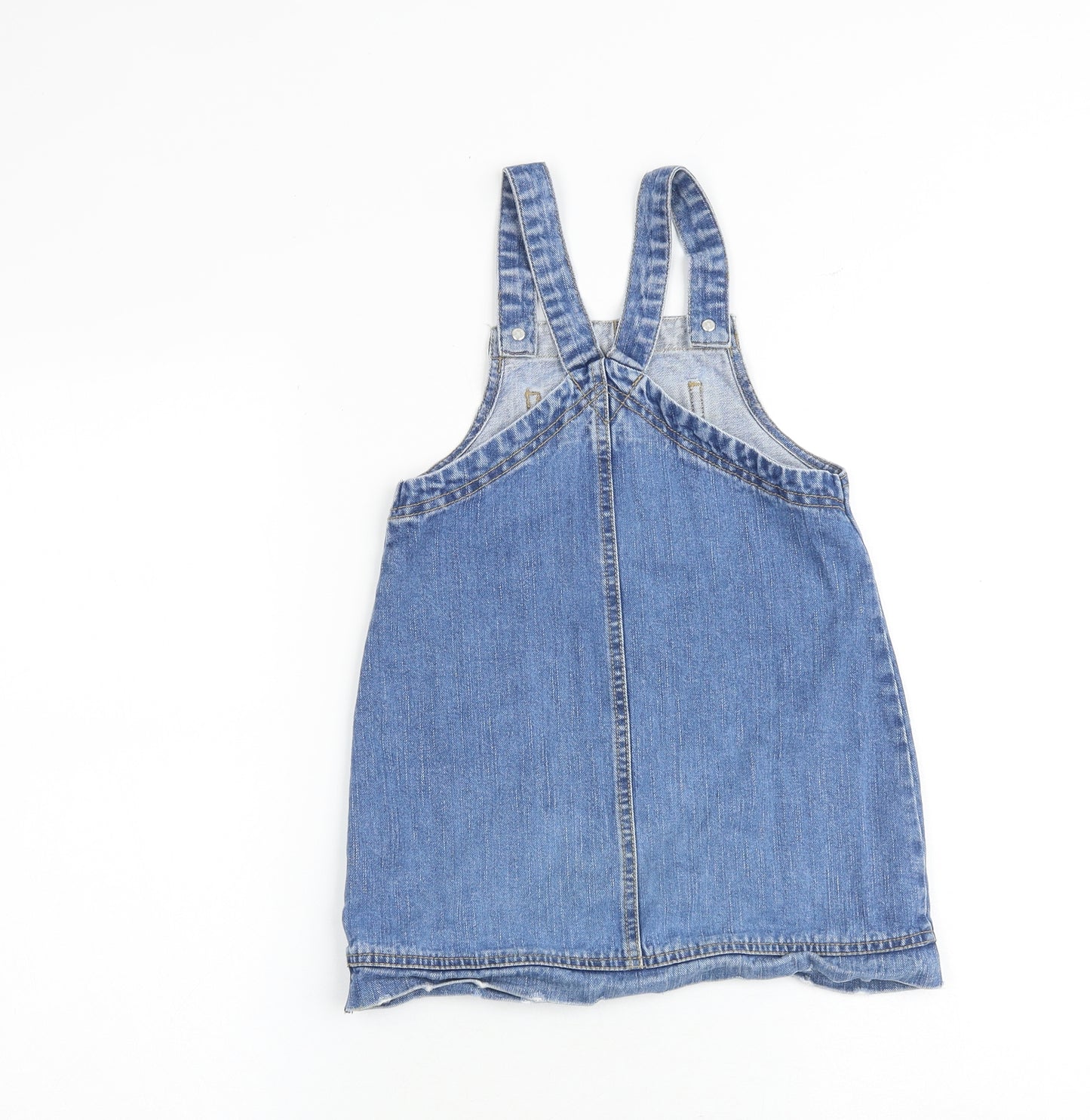 F&F Girls Blue 100% Cotton Pinafore/Dungaree Dress Size 5-6 Years Square Neck Button