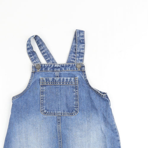 F&F Girls Blue 100% Cotton Pinafore/Dungaree Dress Size 5-6 Years Square Neck Button
