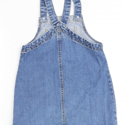 F&F Girls Blue 100% Cotton Pinafore/Dungaree Dress Size 5-6 Years Square Neck Button