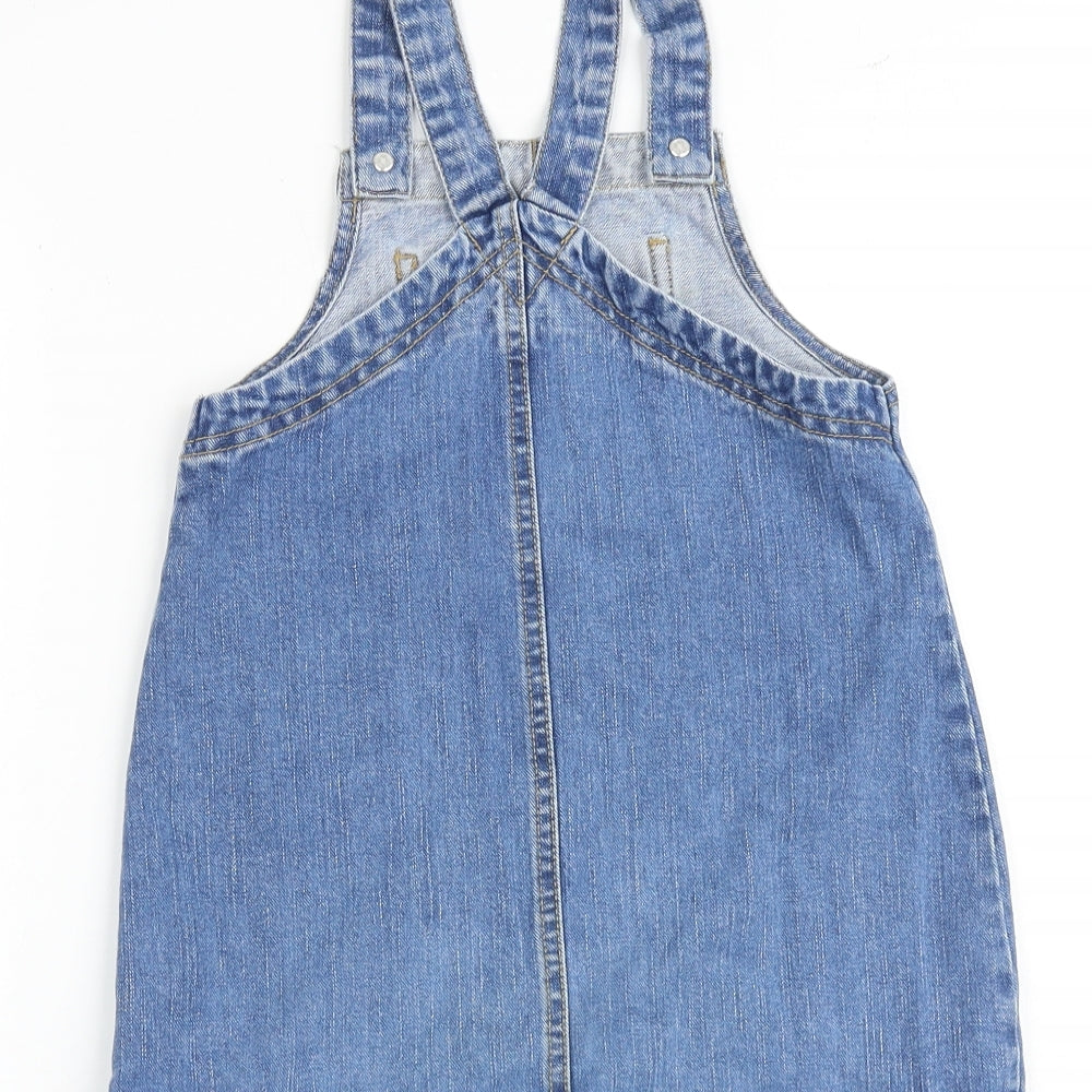 F&F Girls Blue 100% Cotton Pinafore/Dungaree Dress Size 5-6 Years Square Neck Button