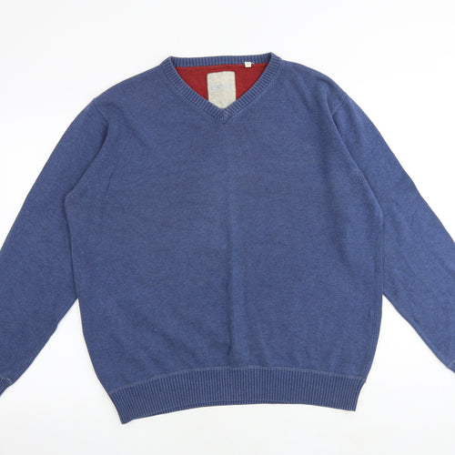 MANTARAY PRODUCTS Mens Blue V-Neck Cotton Pullover Jumper Size L Long Sleeve