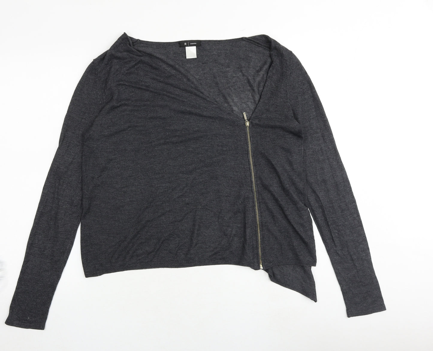 R Essential Womens Grey V-Neck Polyester Full Zip Jumper Size 12