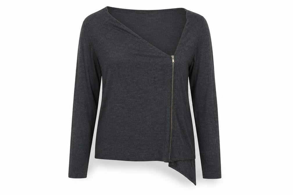 Front view of R Essential women’s grey v-neck polyester full zip jumper, size UK 12