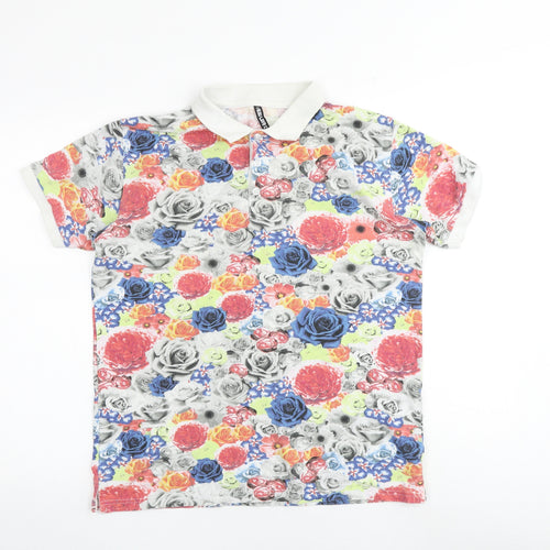 New Love Club Mens Multicoloured Floral 100% Cotton Polo Size M Collared Button