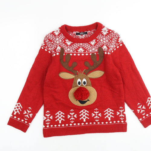 NEXT Boys Red Round Neck Geometric Cotton Pullover Jumper Size 6-7 Years Pullover - Reindeer Christmas