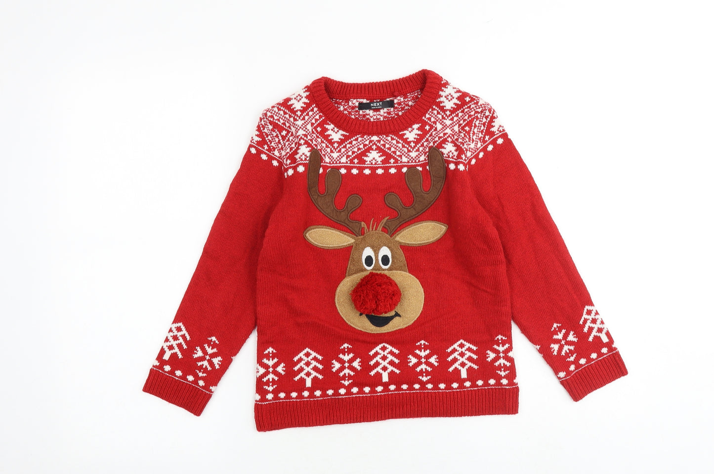 NEXT Boys Red Round Neck Geometric Cotton Pullover Jumper Size 6-7 Years Pullover - Reindeer Christmas