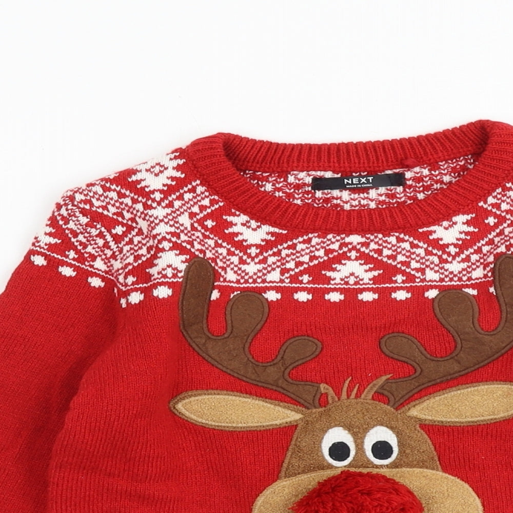 NEXT Boys Red Round Neck Geometric Cotton Pullover Jumper Size 6-7 Years Pullover - Reindeer Christmas