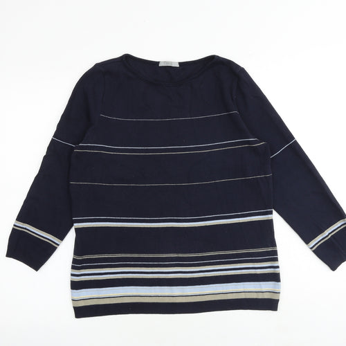 Marks and Spencer Womens Blue Round Neck Striped 100% Cotton Pullover Jumper Size 12