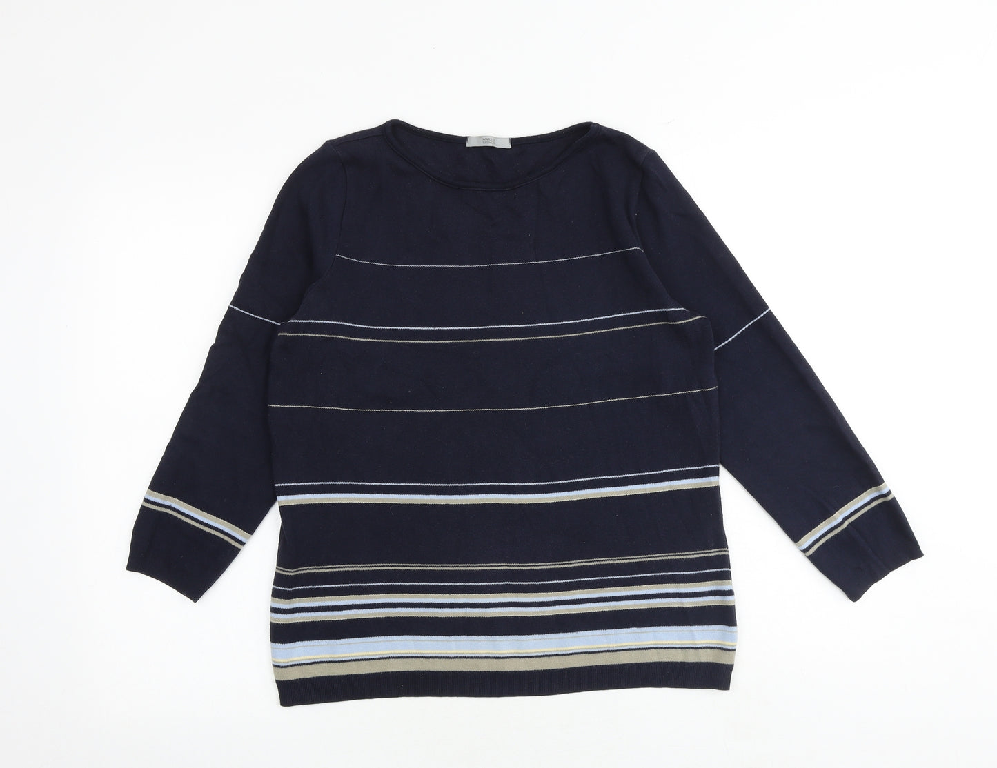 Marks and Spencer Womens Blue Round Neck Striped 100% Cotton Pullover Jumper Size 12