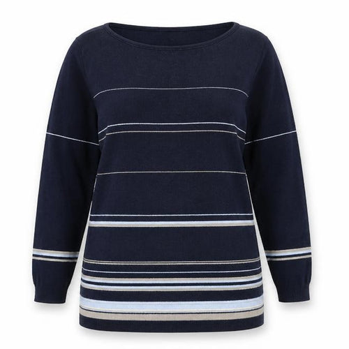 Marks and Spencer Womens Blue Round Neck Striped 100% Cotton Pullover Jumper Size 12