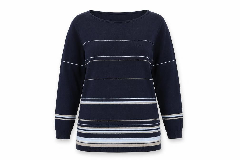 Marks and Spencer Womens Blue Round Neck Striped 100% Cotton Pullover Jumper Size 12