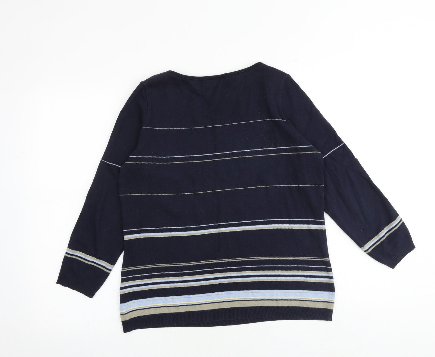 Marks and Spencer Womens Blue Round Neck Striped 100% Cotton Pullover Jumper Size 12