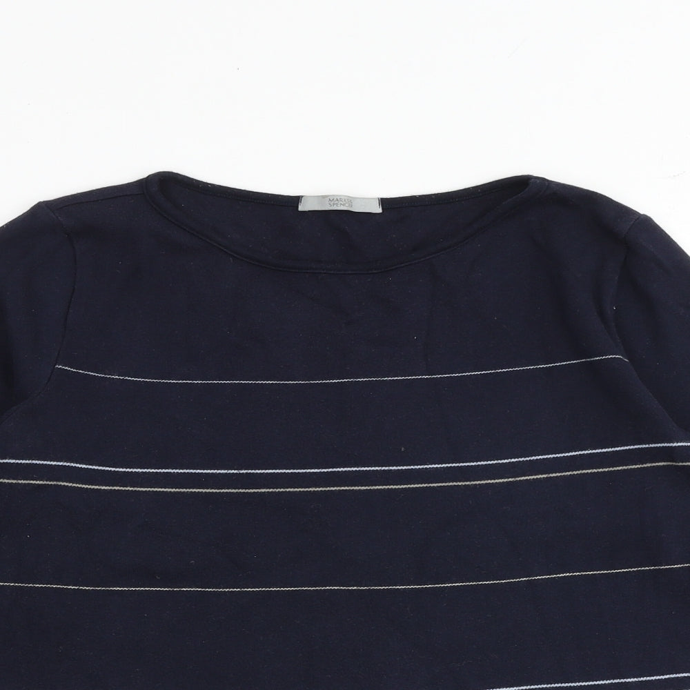 Marks and Spencer Womens Blue Round Neck Striped 100% Cotton Pullover Jumper Size 12