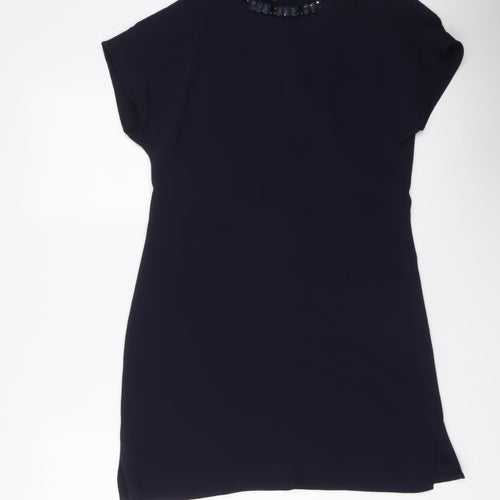 Zara Womens Blue Polyester A-Line Size S Round Neck Button - Embellished Neckline