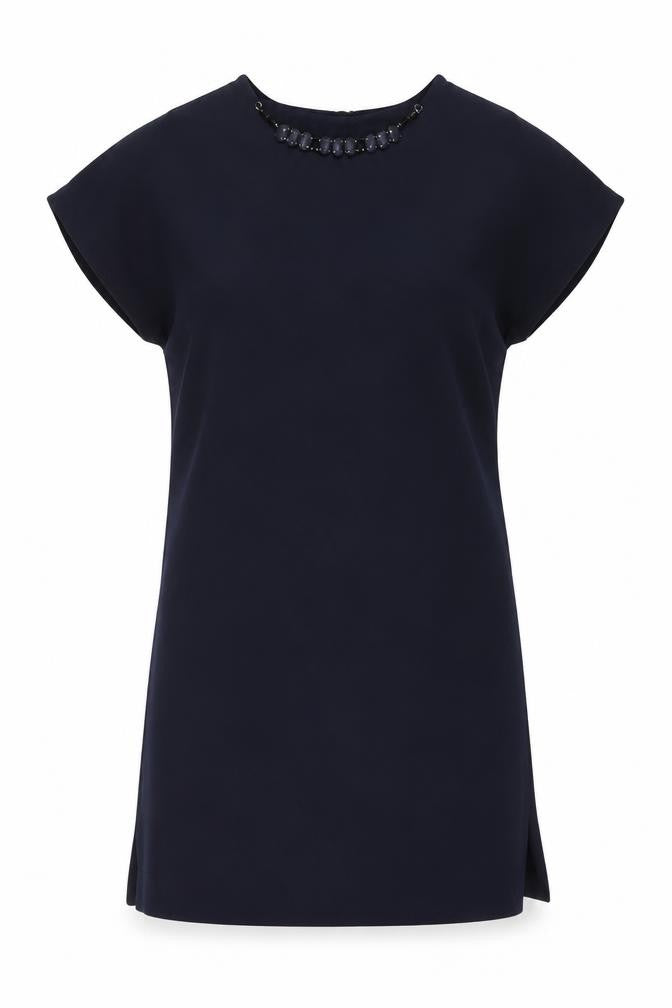 Front view of Zara women’s blue polyester a-line, size S, round neck button - embellished neckline