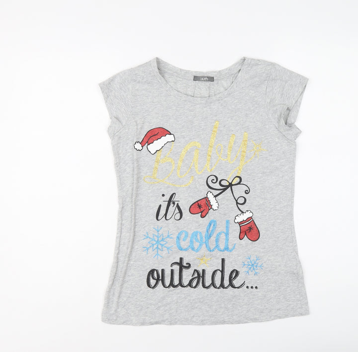 South Womens Grey Cotton Basic T-Shirt Size 10 Round Neck - Baby It's Cold Outside Christmas