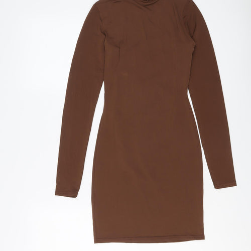 PRETTYLITTLETHING Womens Brown Polyester Bodycon Size 8 High Neck Pullover - Lace Up Back Detail