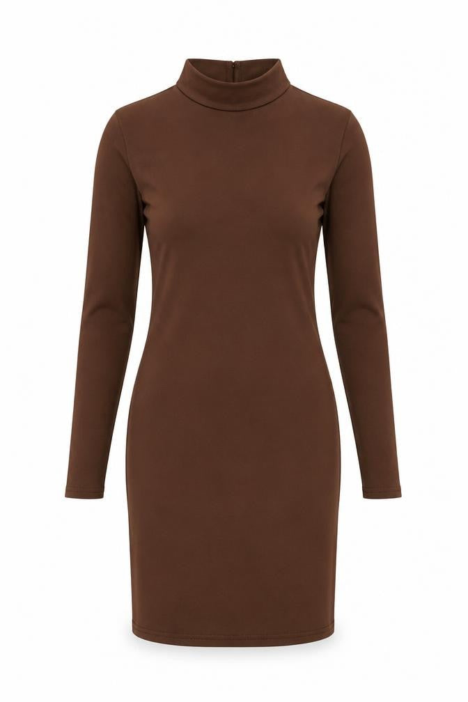 Front view of PRETTYLITTLETHING women’s brown polyester bodycon, size UK 8, high neck pullover - lace up back detail