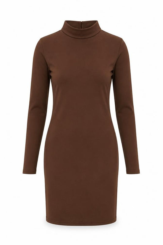 Front view of PRETTYLITTLETHING women’s brown polyester bodycon, size UK 8, high neck pullover - lace up back detail