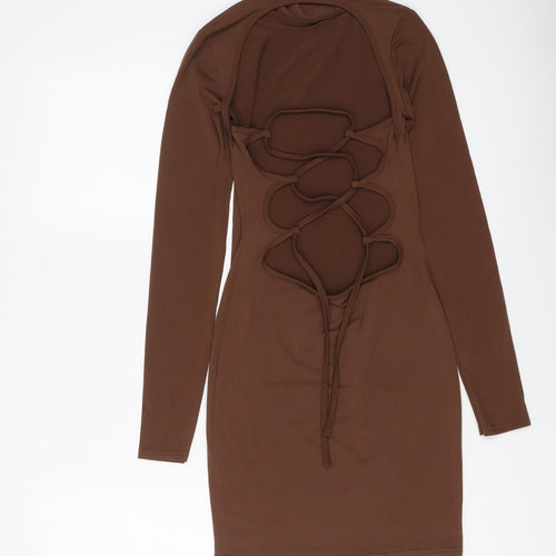 PRETTYLITTLETHING Womens Brown Polyester Bodycon Size 8 High Neck Pullover - Lace Up Back Detail