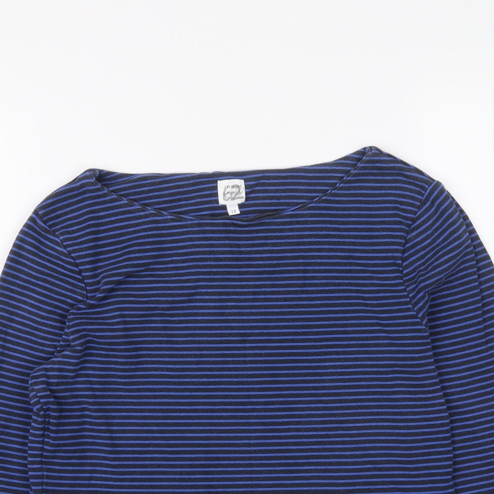 John Lewis Womens Blue Striped Cotton Basic T-Shirt Size 12 Round Neck