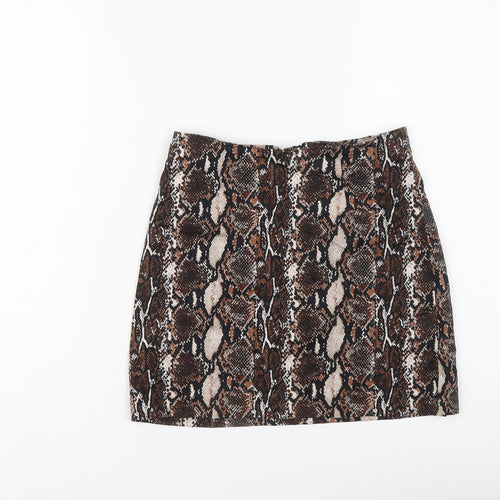 Pull&Bear Womens Brown Animal Print Cotton Mini Skirt Size S Zip - Snakeskin pattern