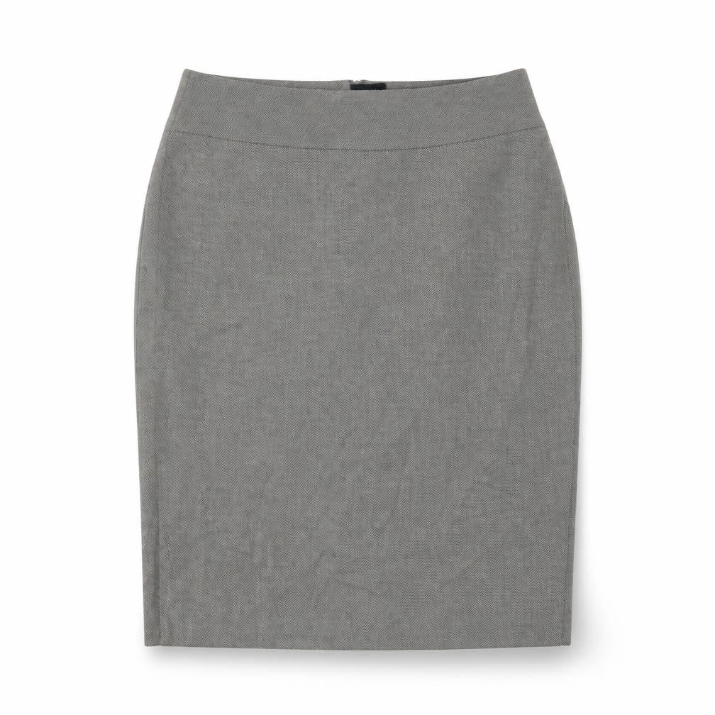 Front view of Marks & Spencer women’s grey polyester a-line skirt, size UK 12, zip